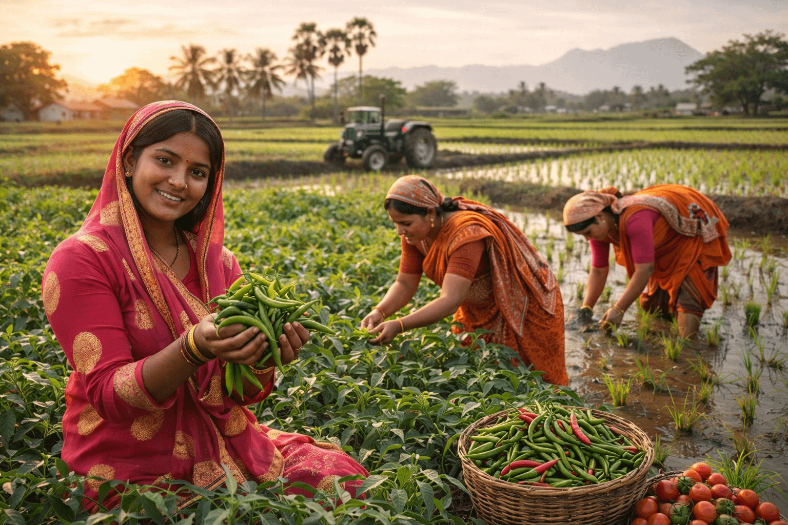 Women harvesting in light